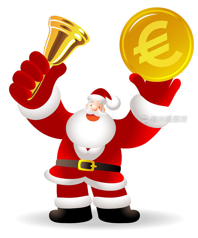 Santa Claus is ringing a gold bell and holding European Union currency (Euro sign coin); Merry Christmas and New Year Greeting